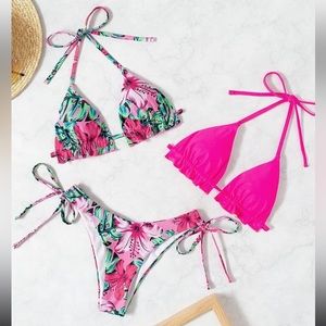 Shein 3 Piece Tropical Print And Pink Triangle Bikini Set
